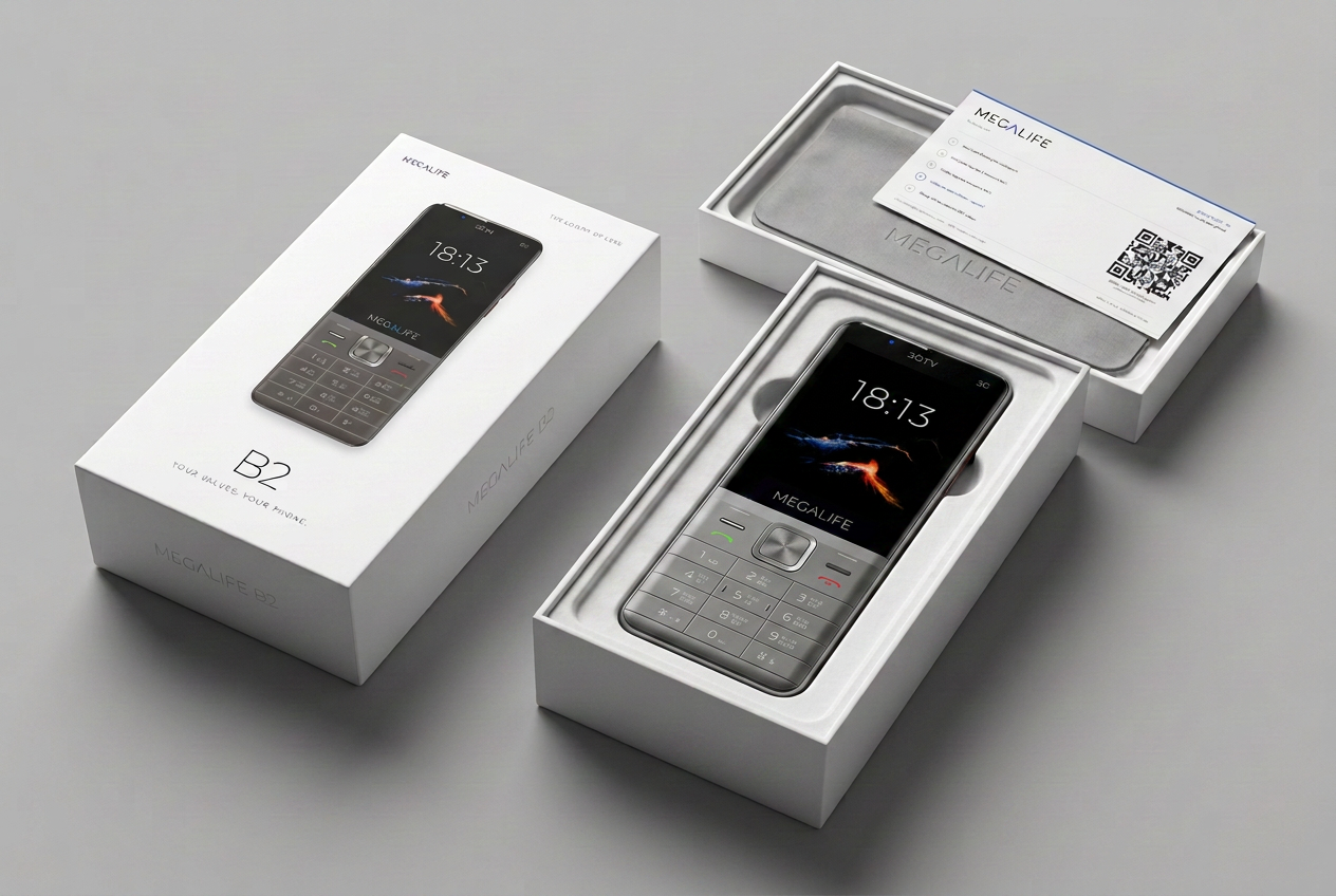 Megalife B2 retail box shown closed and opened with the phone in its tray