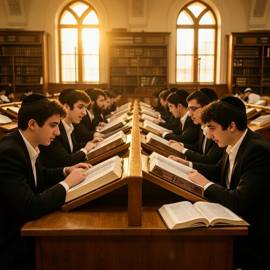 Yeshiva students learning in chavrusa pairs in a sunlit beis medrash, with open seforim on wooden shtenders