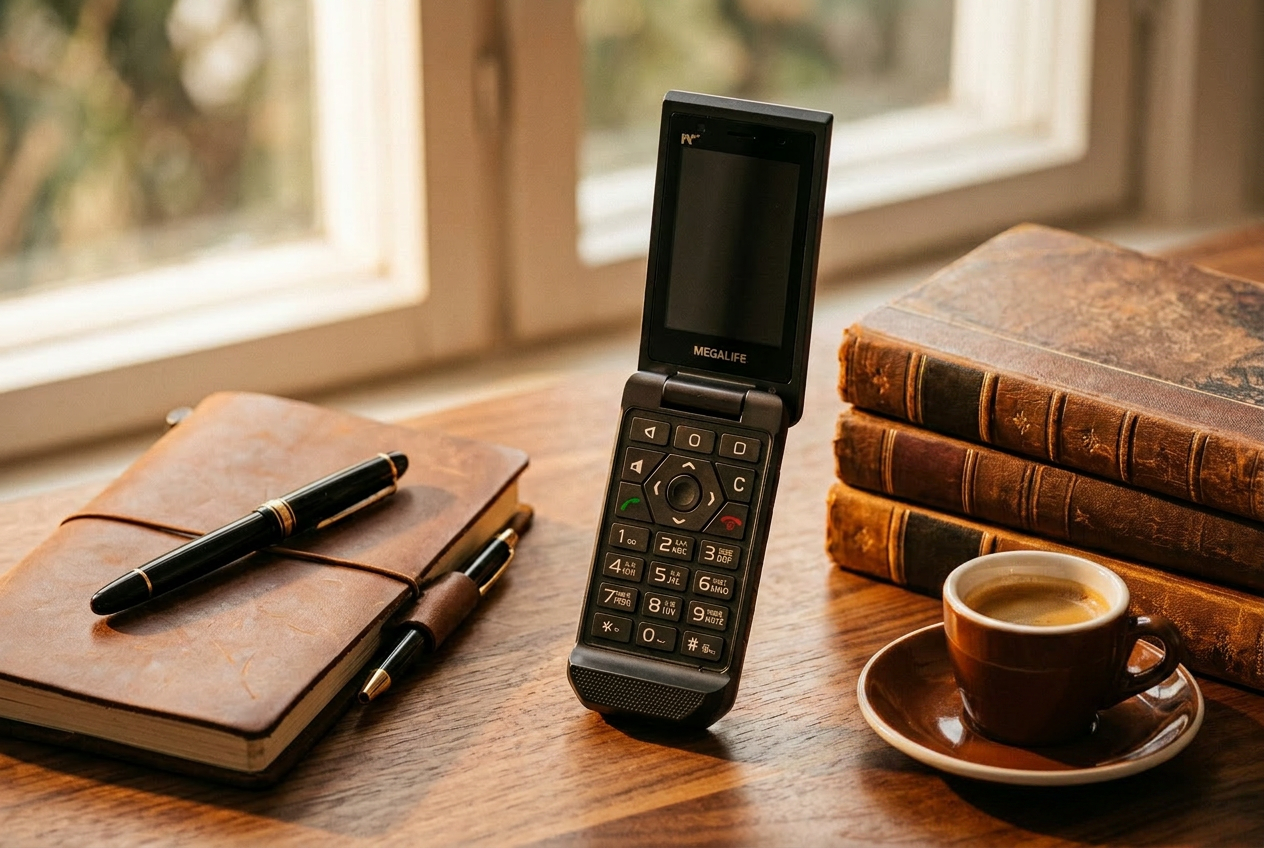 Megalife F1 flip phone open on a warm wooden desk beside a leather notebook, fountain pen, stack of books, and espresso cup in soft window light