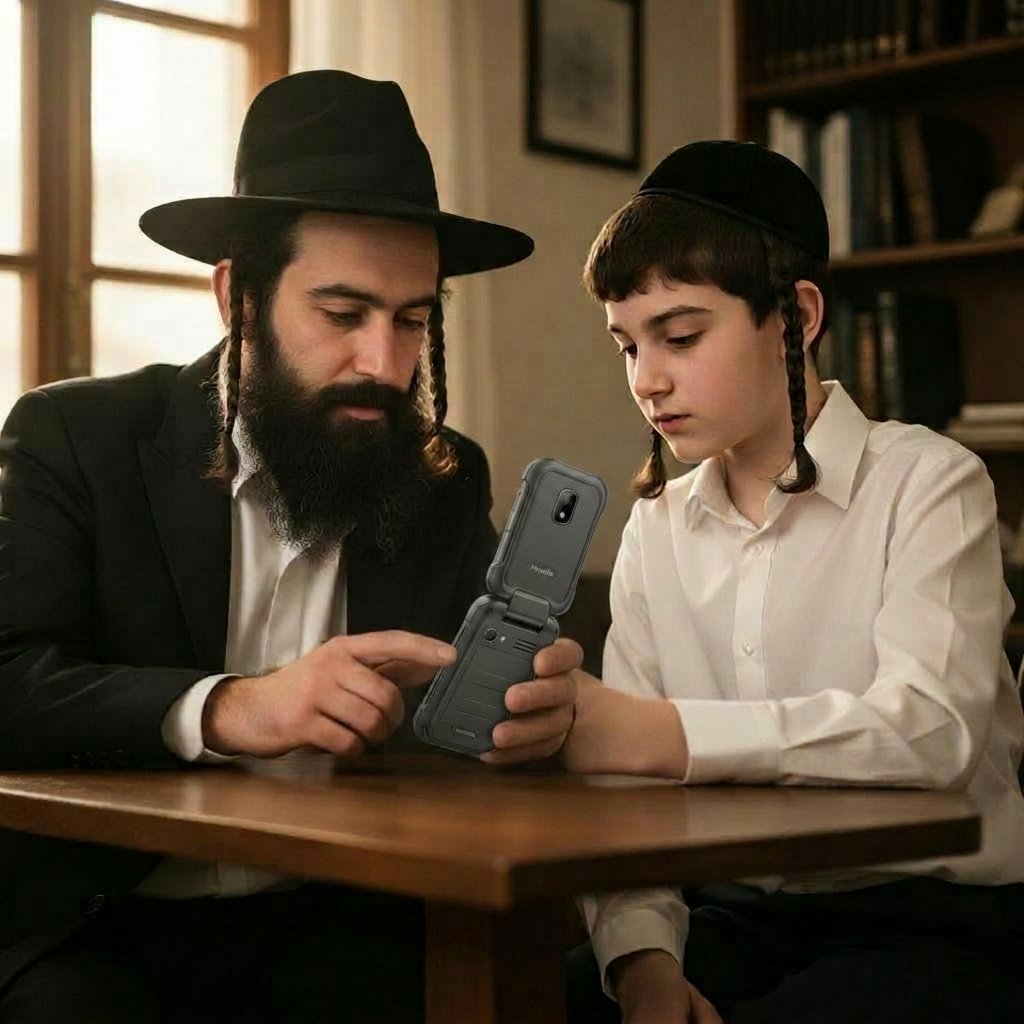 A charedi father and his bar mitzvah-aged son reviewing a Megalife F1 flip phone together at a wooden table