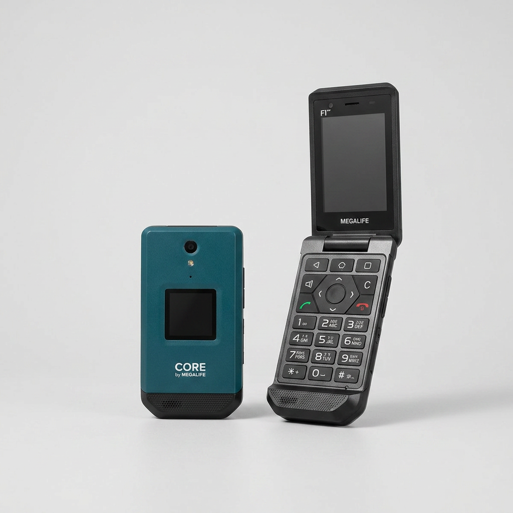 Megalife Core flip phone in blue metallic finish
